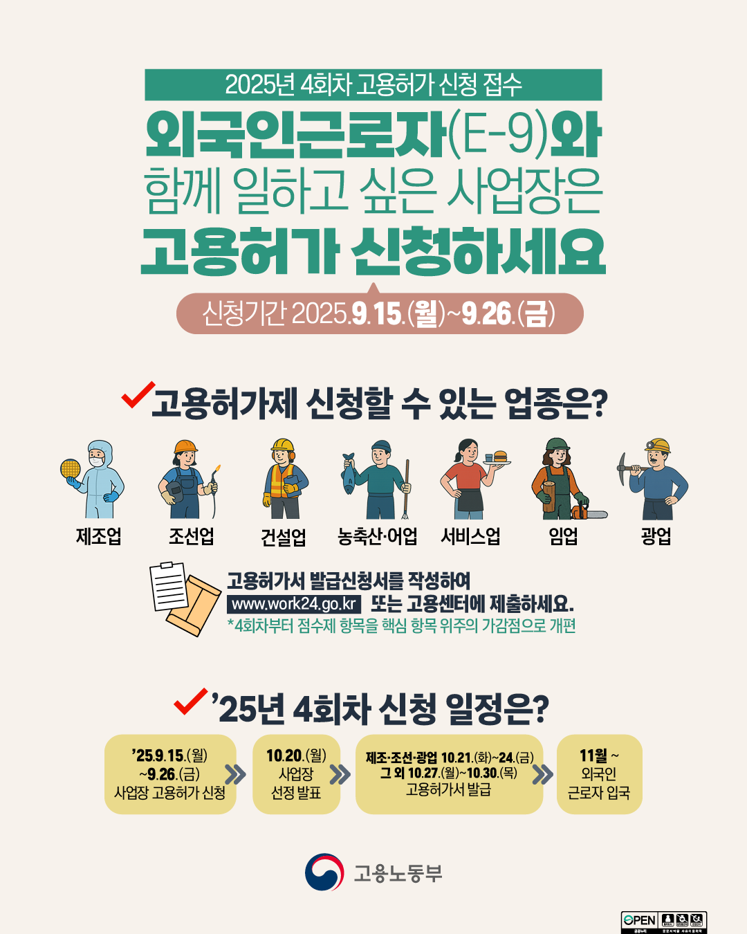 2025년 4회차 외국인근로자 고용허가(E-9) 신청기간 안내 2