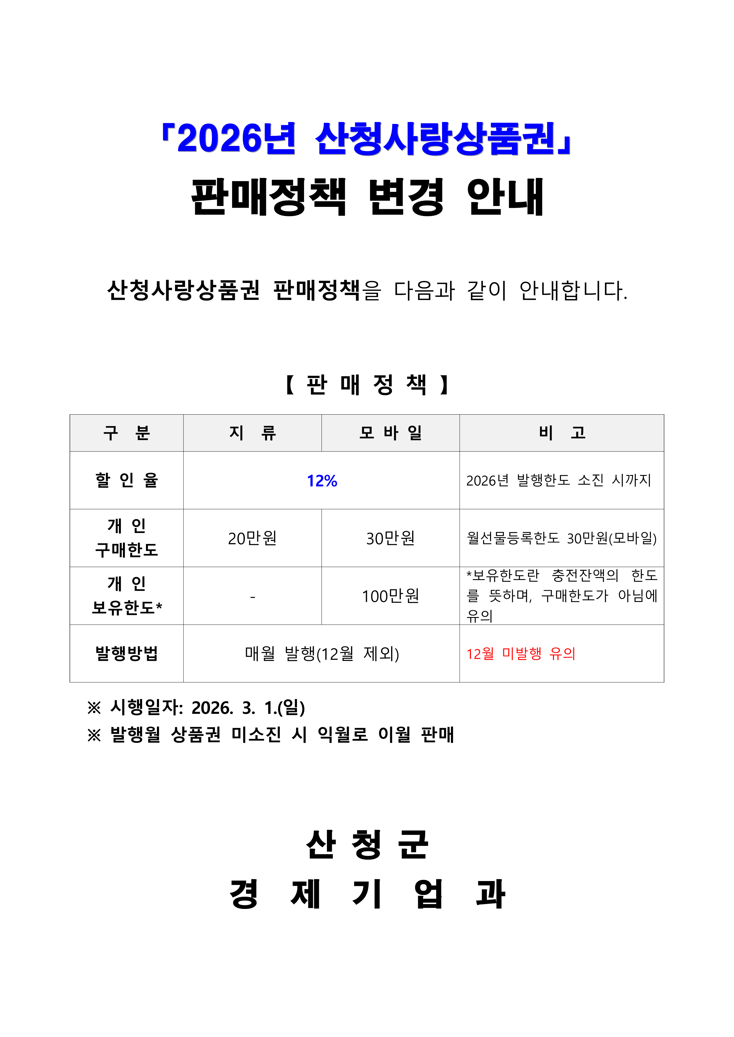 2026년 산청사랑상품권 판매정책 변경 안내 1