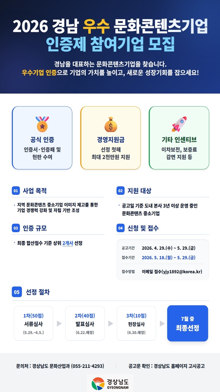 2026년 경남 우수 문화콘텐츠기업 인증제 참여기업 모집 안내 1
