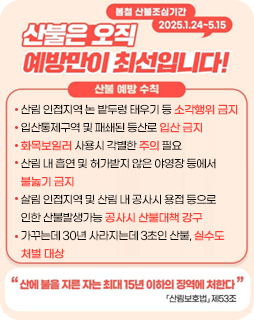 산불은 오직 예방만이 최선입니다!
봄철 산불조심기간 : 2025.1.24~5.15
산불 예방 수칙
산림 인접지역 논 밭두렁 태우기 등 소각행위 금지
입산통제구역 및 패쇄된 등산로 입산 금지
화목보일러 사용시 각별한 주의 필요
산림 내 흡연 및 허가받지 않은 야영장 등에서
불놇기 금지
살림 인접지역 및 산림 내 공사시 용접 등으로
인한 산불발생가능 공사시 산불대책 강구 
가꾸는데 30년 사라지는데 3초인 산불, 실수도
처벌 대상

