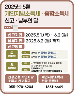 2025년 5월 개인지방소득세 종합소득세 신고 납부의달
신고기간 : 2025.5.1.(목) ~ 6.2.(월)
납부기한 : 2025.6.2.(월) 까지
신고방법
전자신고
PC:홈택스→위택스 연계신고
모바일:손택스→위택스 연계신고
방문신고
대상 : 신고 도움이 필요한 모두채움 대상자
※ 납세자 본인 신분증 지참
장소 : 진주세무서 및 산청군청 1층 국세 지방세 통합민원실
산청군청 개인지방 소득세 신고창구 : 055-970-6204
개인지방소득세 전담 콜센터 : 1661-6669