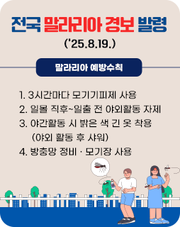 전국 말라리아 경보 발령(’25.8.19.)
말라리아 예방수칙
1. 3시간마다 모기기피제 사용
2. 일몰 직후~일출 전 야외활동 자제
3. 야간활동 시 밝은 색 긴 옷 착용
     (야외 활동 후 샤워)
4. 방충망 정비 · 모기장 사용