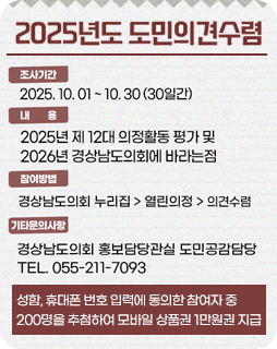 2025년도 도민의견 수렴
조사기간 : 2025.10.01~10.30(30일간)
내용 : 
2025년 제12대 의정활동 평가 및 2026년 경상남도의회에 바라는 점
참여방법 : 경상남도의회 누리집>열린의정> 의견수렴
기타문의사항 :
경상남도의회 홍보담당관실 도민공감당담 TEL.055-211-7093
성함, 휴대폰 번호 입력에 동의한 참여자 중
200명을 추첨하여 모바일 상품권 1만원권 지급