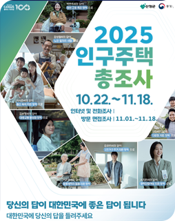2025 인구주택 총조사
10.22.~ 11.18.
인터넷 및 전화조사
방문 면접조사 : 11.01. ~ 11.18.
당신의 답이 대한민국에 좋은 답이 됩니다
대한민국에 당신의 답을 들려주세요