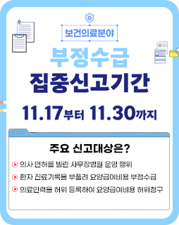 보건의료분야 부정수급 집중신고기간
11.17부터 11.30까지
주요 신고대상은?
의사 면허를 빌린 사무장병원 운영 행위
환자 진료기록을 부풀려 요양급여비용 부정수급
의료인력을 허위 등록하여 요양급여비용 허위청구