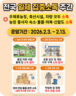 전국 일제 집중소독 주간
우제류농장, 축산시설, 차량 모두 소독
농장 종사자 숙소·물품·신발도 소독
운영기간 : 2026.2.3. ~ 2.13.
① 농장 내·외부 일제소독
출입 차량·사람 통제 및 소독 철저
② 농장 종사자 숙소 소독
공용 공간 및 개인 거주 구역 소독 철저
③ 우편·택배 물품 소독
외부 반입 물품 표면 소독
※ 불법 축산물 반입 금지
④ 작업복 및 장화 축사 전용 교체