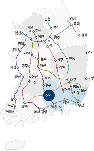 대한민국 전도를 축소화하여 시각화한이미지이며 강릉, 동해, 삼척, 춘천, 홍천, 원주, 서울, 하남, 이천, 여주, 인천, 평택, 충주, 당진, 천안, 청주, 대전, 공주, 서천, 상주, 안동, 영덕, 김천, 대구, 포항, 군산, 논산, 익산, 무주, 장수, 청도, 울산, 현풍, 밀양, 부산, 창원, 산청군, 진주, 광양, 순천, 광주, 고창, 무안, 목포가 있습니다