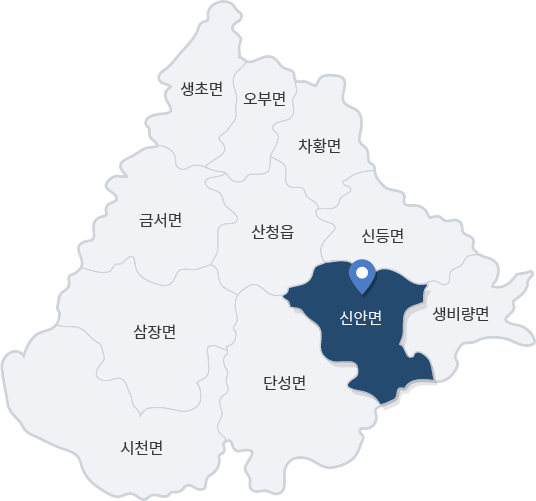 산청군 지도 (신안면 활성화 표시) - 생초면, 오부면, 차황면, 신등면, 생비량면, 금서면, 산청읍, 신안면, 삼장면, 단성면, 사천면 순으로 있는 지도